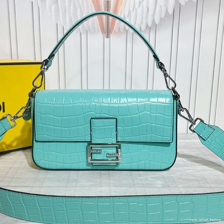 Vintage HOT Fendi In Baguette Blue Medium Leather Tiffany Bag Crocodile 0803